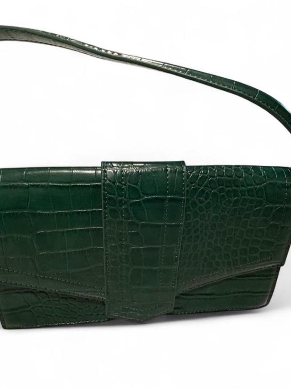 Dark Green Croc-Embossed Shoulder Bag with Gold Hardware